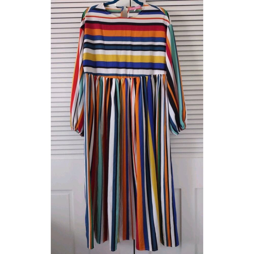 Pink Stork Maternity Dress Sz S Striped Oversized 3/4 Sleeve Midi Rainbow Kaftan